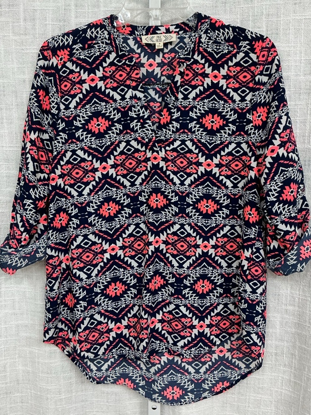 Pink Rose Navy Tunic with Coral & White Geometric Print